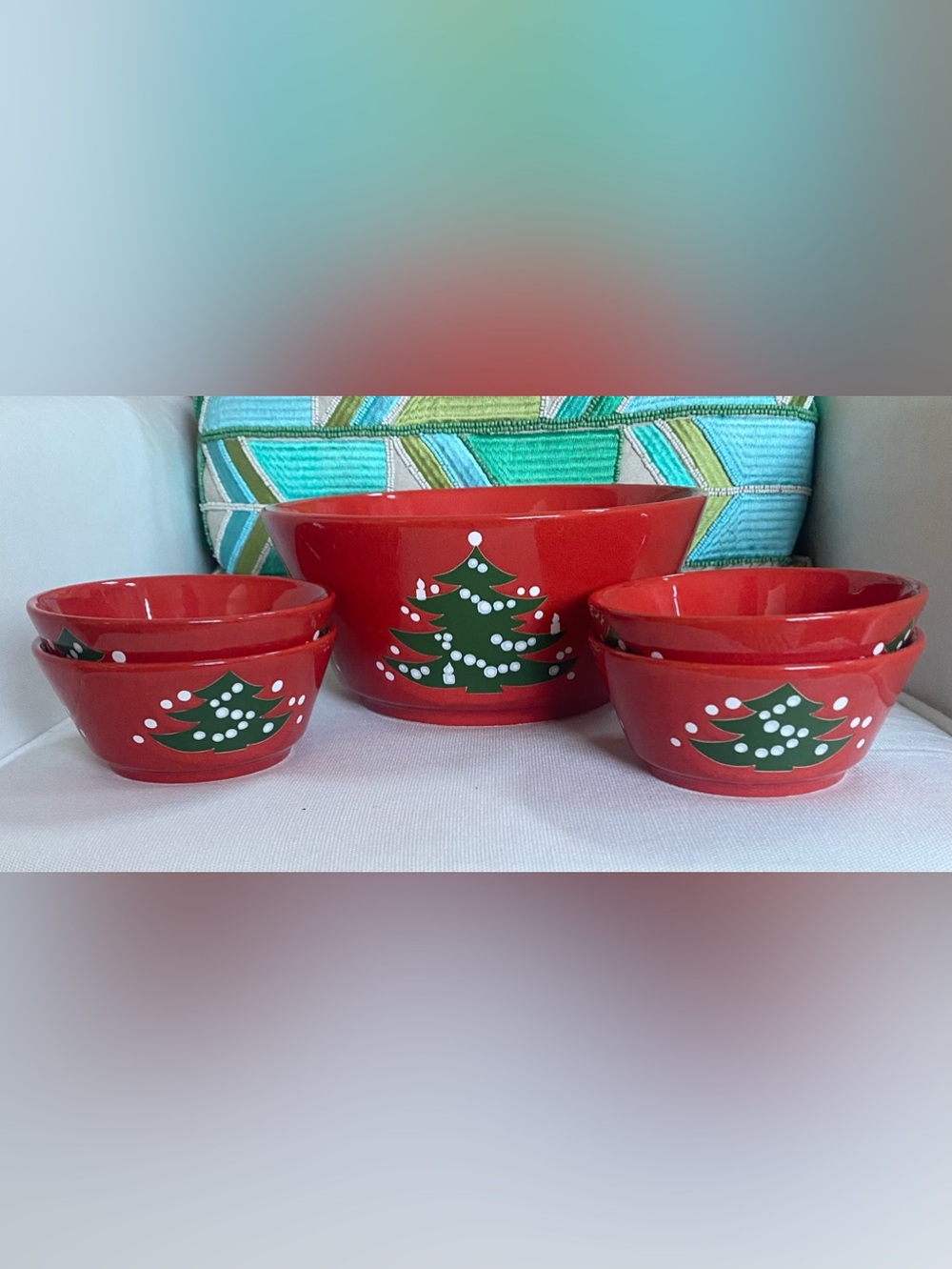 Vtg Waechtersbach Christmas Tree Red 9” Serving Bowl w 4 5” Salad Dessert Bowls